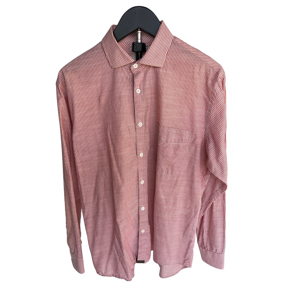 Billy Reid Mens Medium Red White Striped Button Down Shirt Standard Cut Long Sl
